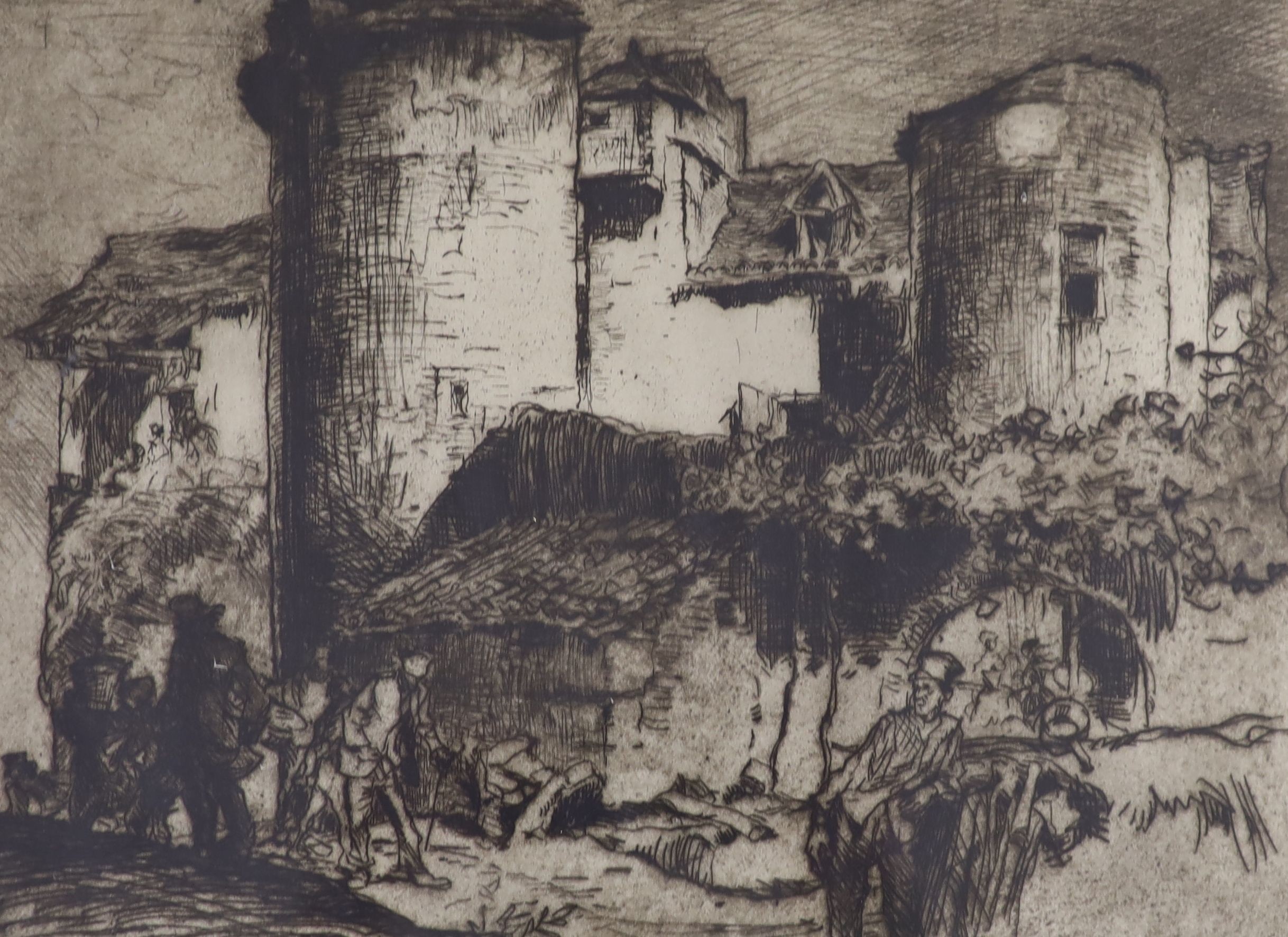 Frank Brangwyn (1867-1956), three etchings, Spanish Bridge, Tour de Faure, and Bridge viewed from beside a tree, all signed in pencil, 30 x 35cm, 25 x 35cm and 27 x 37cm